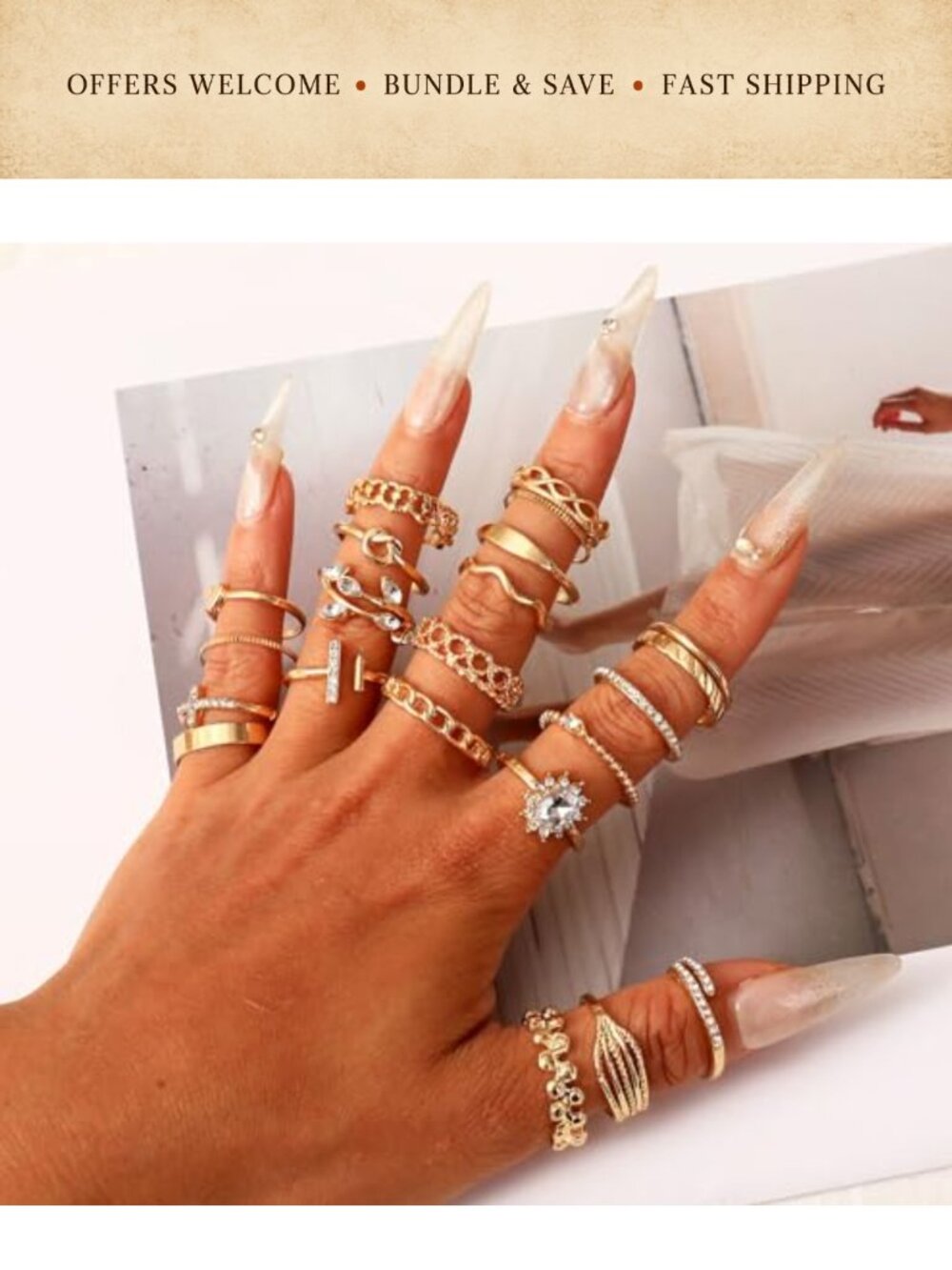 14K Gold Plated Crystal Knuckle Rings Set Stackable Mixed Size 43pc - Picture 2 of 6